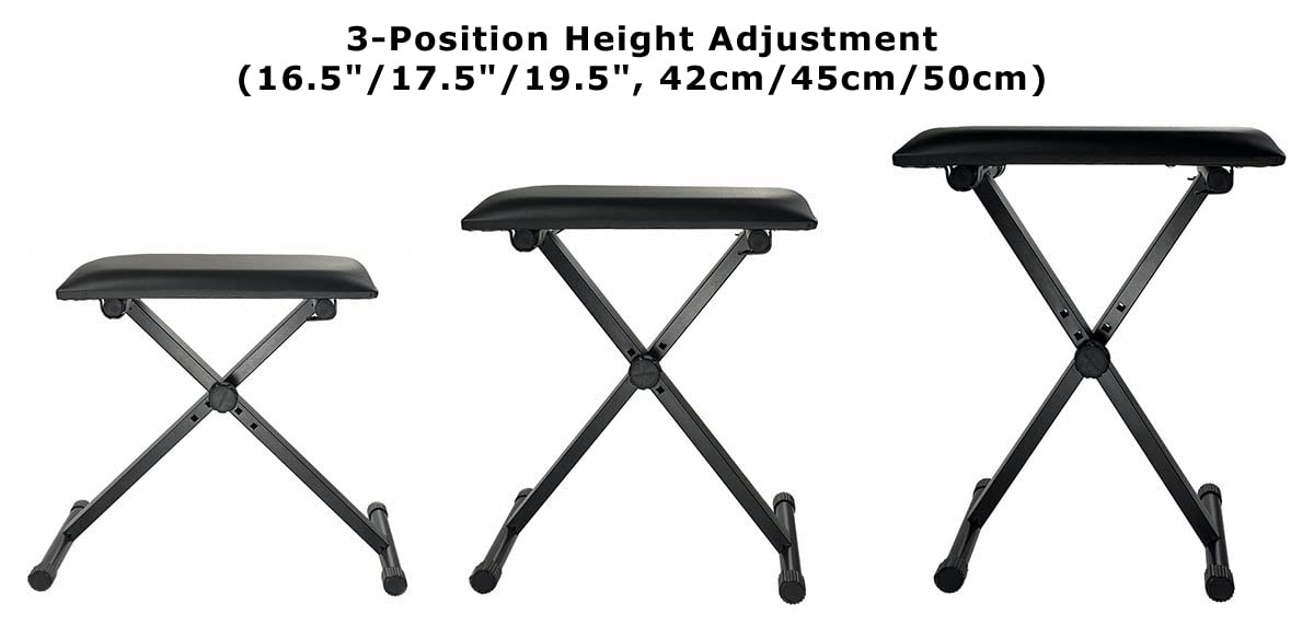 Kunova (TM) Piano Bench Stool 3-Position Height Adjustment(16.5"/17.5"/19.5", 42cm/45cm/50cm) Black Folding Super-Stable and Durable Padded Keyboard Bench with X-Style Iron Legs