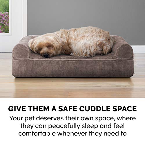 Furhaven Orthopedic Dog Bed for Large/Medium Dogs w/Removable Bolsters & Washable Cover, for Dogs Up to 55 lbs - Faux Fur & Velvet Sofa - Driftwood Brown, Large