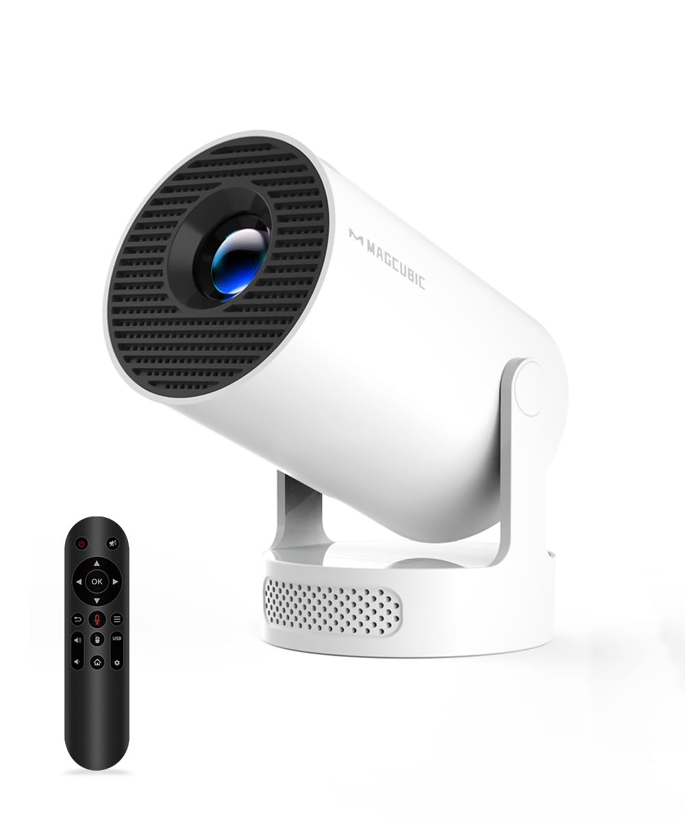 Mini Projector, Portable Smart Proyector, 5w Soundbase Speaker, WiFi 6 and Bluetooth 5.4, Auto Vertical Keystone 4K Decoding 180° Rotatable Projecteur for Home Video Bedroom (Manual Focus & White)
