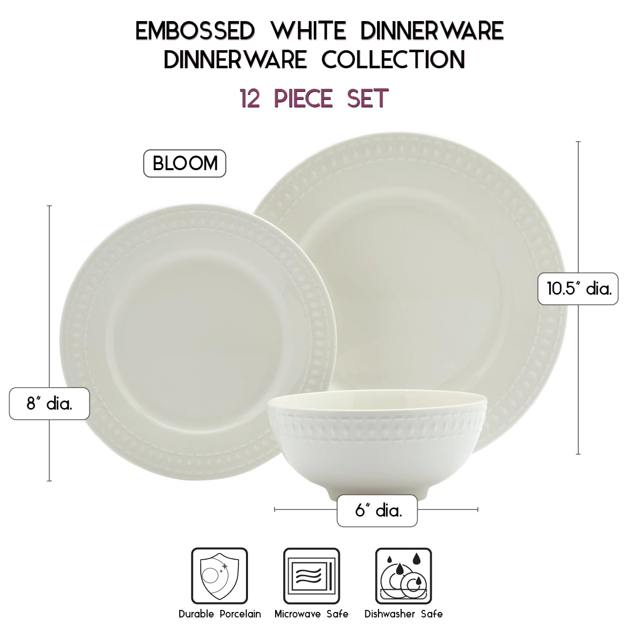 Tabletops Gallery Embossed White Porcelain Round Dinnerware - Bloom 12 Piece Dinnerware Set