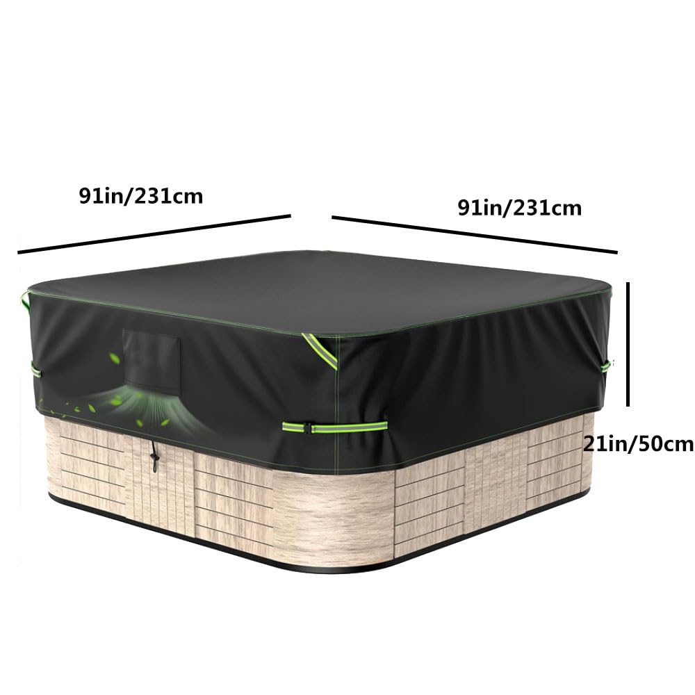 91 * 91 * 20 Inch 420 D Outdoor Heavy-Duty Protective Cover with Anti Light Strip and Ventilation Opening for Hot Tub Cover, Used Above Ground Swimming Pools Bathtubs