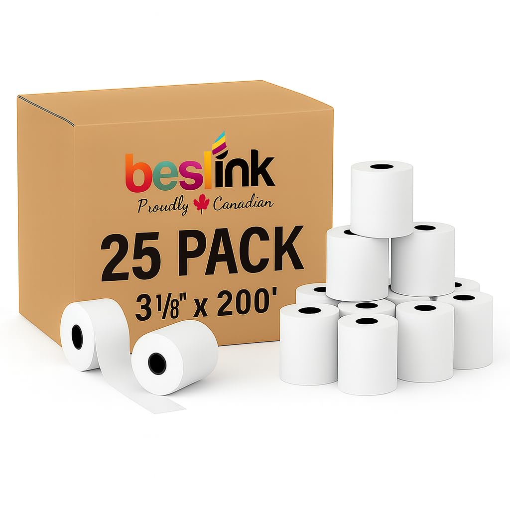 bestink 25 Rolls 3 1/8″ x 200′ Thermal Paper Receipt Rolls – Fits 3-1/8″ x 225′ & 3 1/8″ x 220′ – 70mm Diameter, 16mm Core – BPA-Free, Fade-Resistant – POS/Cash Register/Receipt Printers