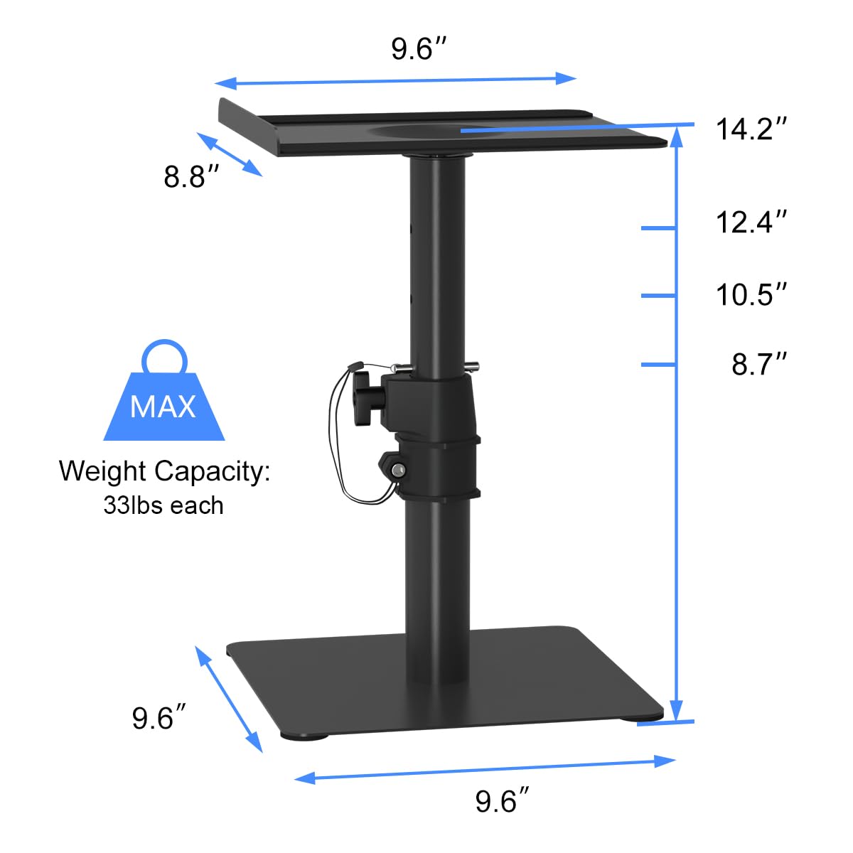 Suptek Free-Standing Speaker Stand Desktop Set, 9.6 x 8.8 inch Trays, Height Adjustment and Tilt, Universal Audio Holders for Computer and Bookshelf Speakers, Elevated Sound, 2 Pack, Black, SDM001T