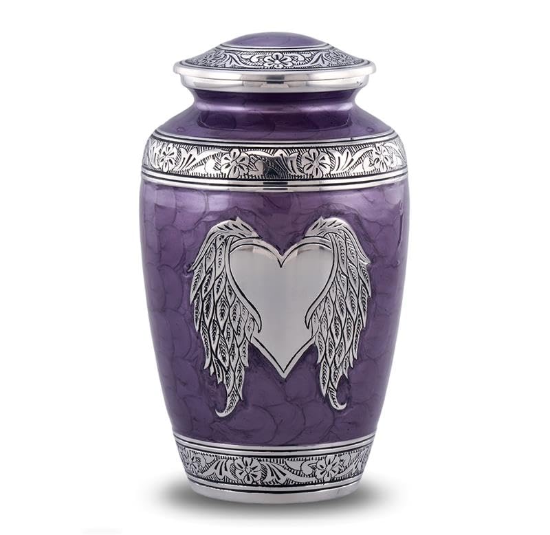 Angel Wings Urn - Loving Angel Wings Cremation Urn for Ashes - Handcrafted Angel Wings & Heart Adult Urn - Large Wings of Love Memorial Urn with Velvet Bag (Purple)
