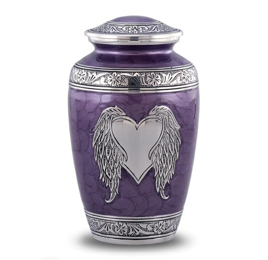 Angel Wings Urn - Loving Angel Wings Cremation Urn for Ashes - Handcrafted Angel Wings & Heart Adult Urn - Large Wings of Love Memorial Urn with Velvet Bag (Purple)
