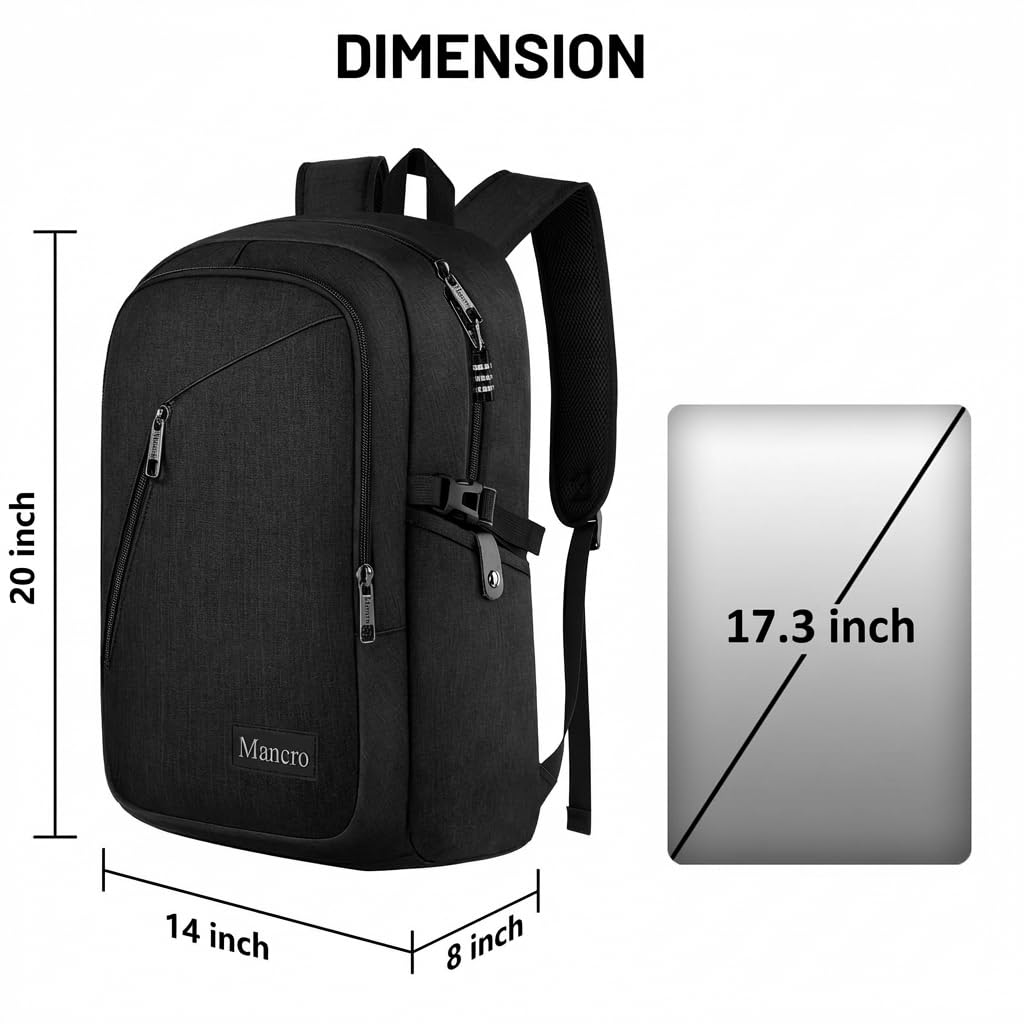 Mancro Laptop Backpack for Travel 17.3 in Anti-Theft Business Backpack Large Travel Computer Bag Daypack Work College Bookbag for Men Women, Black