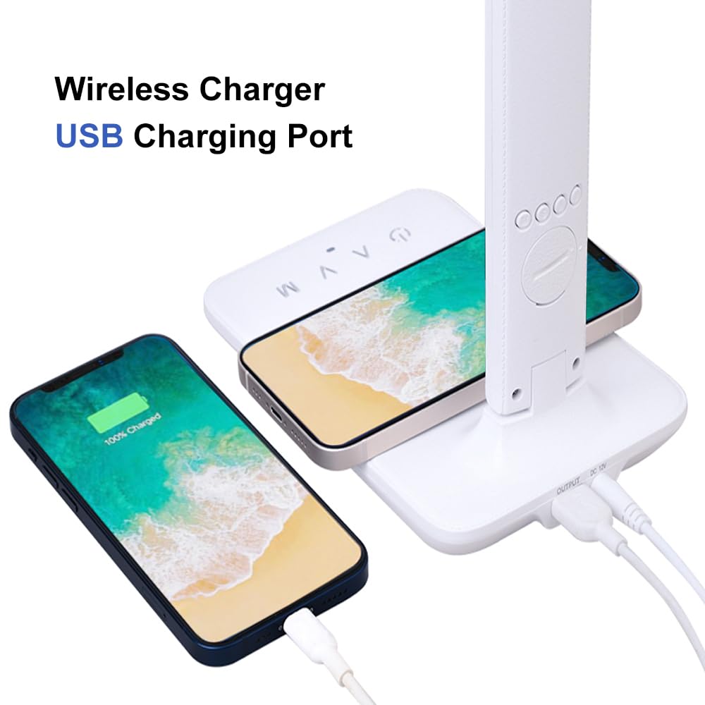 wanjiaone Multifunctional LED Desk Lamp with Wireless Charger,USB Charging Port,Clock,Phone Holder,Desk Lamps for Home Office,Eye-Caring Reading Lamp,Study Lamp for Boys,Girls,Teens (White-tx26)