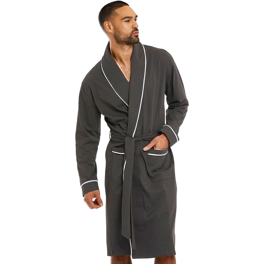 HOLOVE Men's Pure Cotton Batshrobes Lightweight Kimono & Hooded Robes Spa Soft Sleepwear, Iron-gray, XX-Large-3X-Large