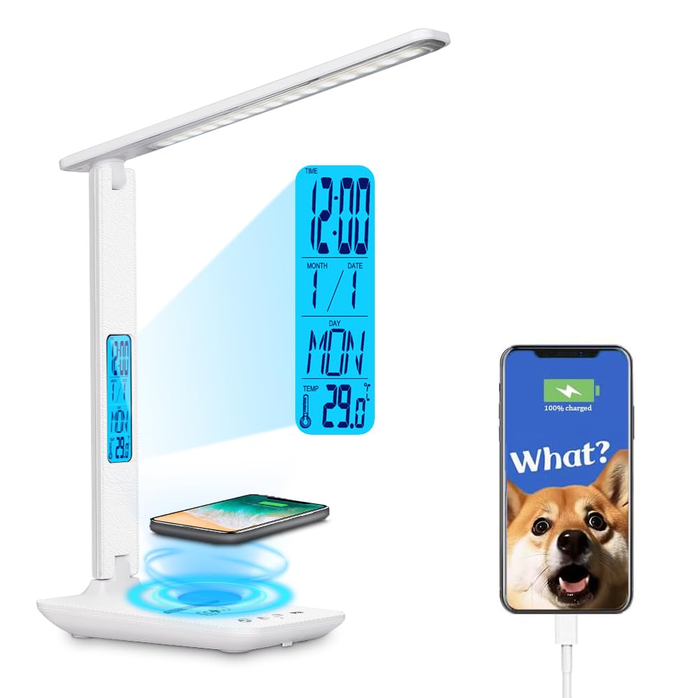 wanjiaone Multifunctional LED Desk Lamp with Wireless Charger,USB Charging Port,Clock,Phone Holder,Desk Lamps for Home Office,Eye-Caring Reading Lamp,Study Lamp for Boys,Girls,Teens (White-tx26)