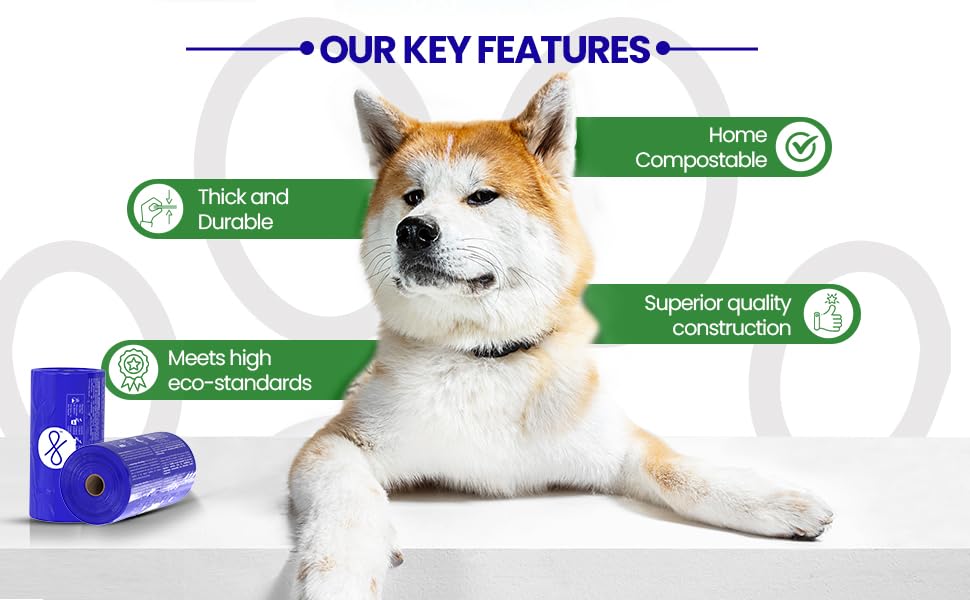 Certified Home Compostable Dog Poop Bag Rolls, 300 Count Tie-Handle & Gusseted Leak-Proof, Odor-Proof, Thick Blue Refill Rolls, Unscented