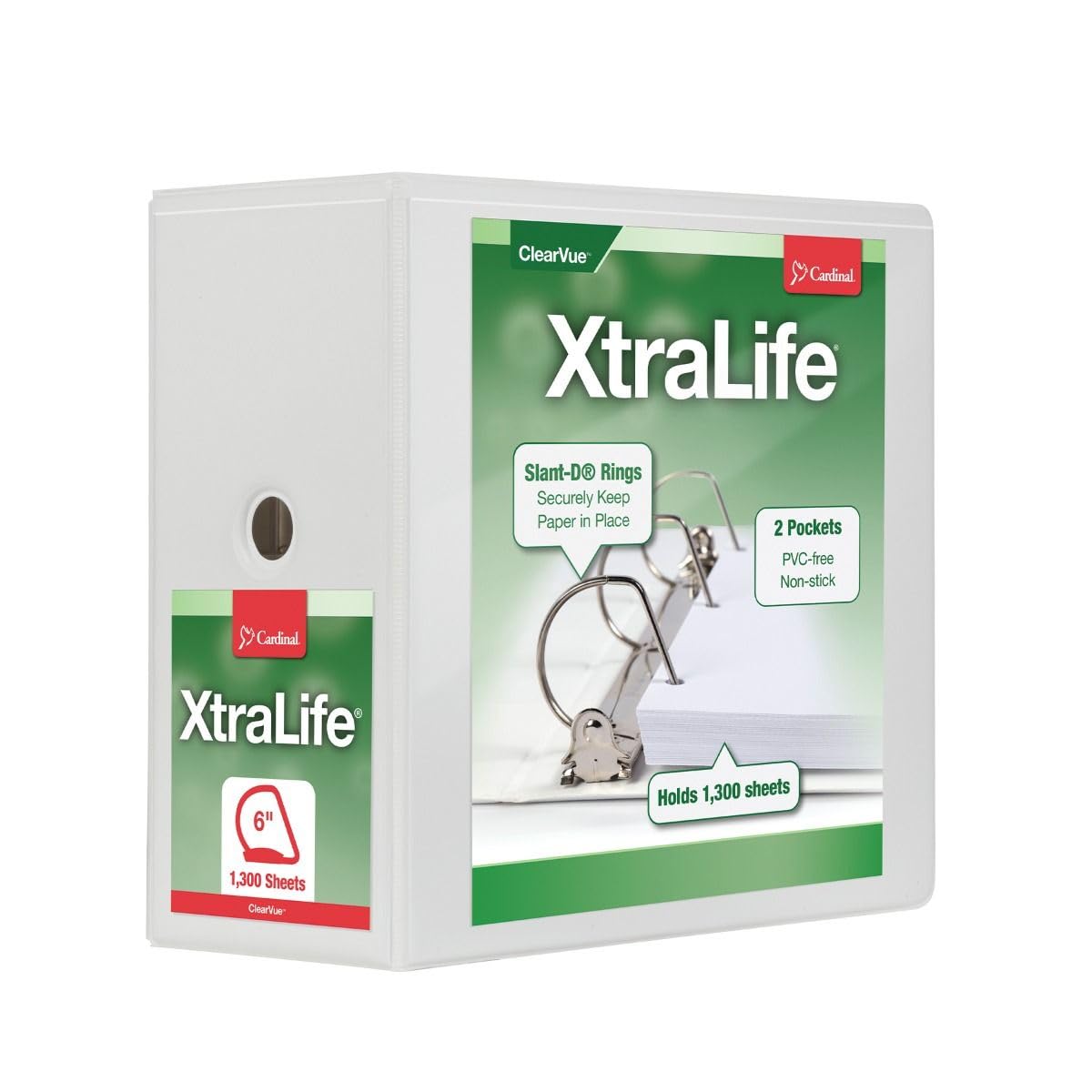 Cardinal Binder XtraLife ClearVue, 6" Spine with Shelf Pull, White, Slant-D Rings, 1,300-Sheet Capacity, Non-Stick PVC-Free, Customizable Front, Back and Spine for Professional Organization