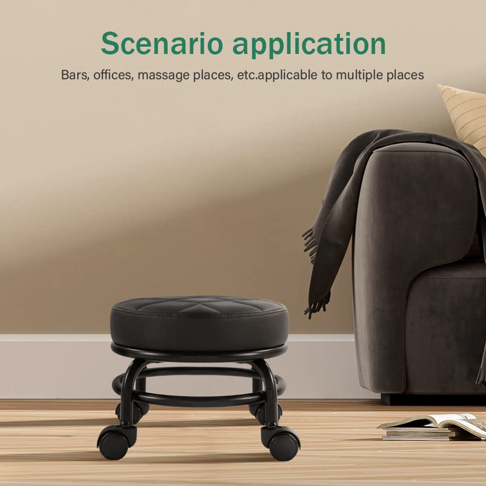 FURWOO Low Roller Seat PU Leather Rolling Stool Step Mechanic Stool on Wheels for Home Office Garage Shop Black