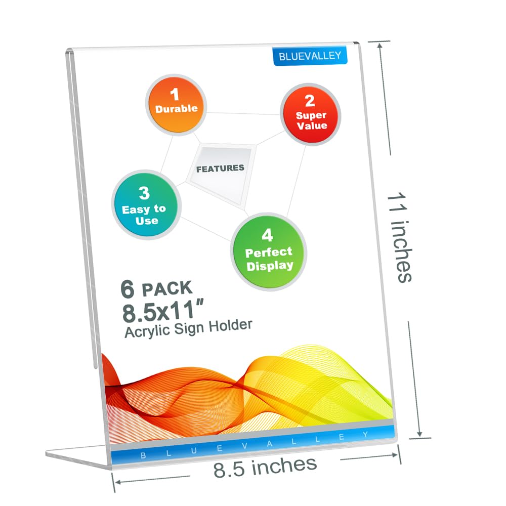 BlueValley Clear Acrylic Sign Holder - 8.5x11" Slant Paper Display Holder for Office Desktop, Acrylic Stand for Display Show Fairs Flyer Brochure, Exhibition Document Poster Ad, Photo Picture Frame, Catering Table Menu-6 Pack
