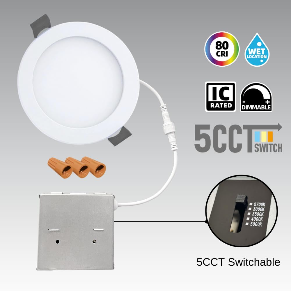 RS 6Inch 5CCT LED Recessed Light, 12W, Up to 1000LM, Dimmable, IC Rated, 2700K-3000K-3500K-4000K-5000K, Adjustable& Rotatable, Energy Star, ETL, Damp Location (6 Inch White Trim, Pack of 6)