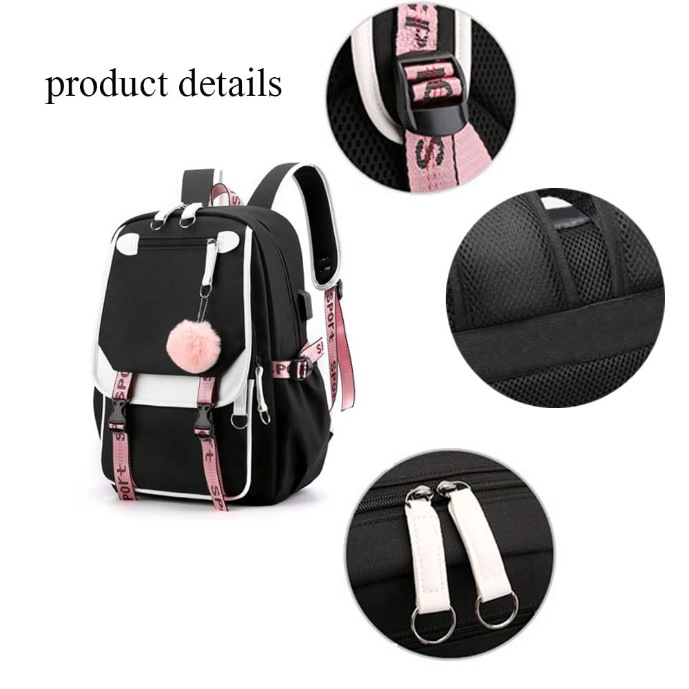 Kids Backpacks For Teen Girls With USB Port, cute black backpack Can Hold 15.6in Notebook,Tablets.Girls Backpack Can Be Used As Gift for Students Or Friends(Black)
