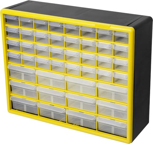 Akro-Mils 10144 44-Drawer Plastic Drawer Storage Cabinet for Garage Organization, Building Bricks Storage, Teacher Toolbox, Makeup Organizer, and More, 20-Inch W x 6-Inch D x 16-Inch H, Yellow