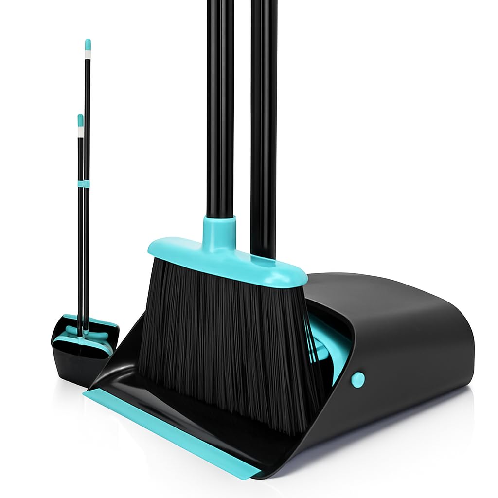 Broom and Dust pan with 52Inch Long Extendable Handle,Broom with Dustpan Combo Set, Standing Broom Sets for Indoor Kitchen Room Office Lobby Floor Cleaning