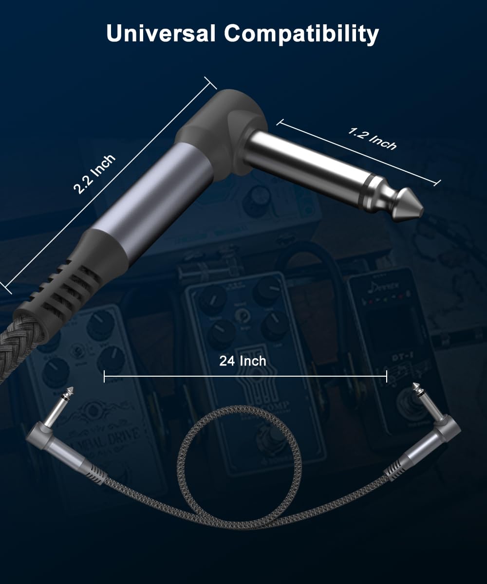 Ruxely Guitar Patch Cables 24-Inch 6-Pack,6.35MM Effects Pedal Board Cord,Nylon Braided 1/4 Right-Angle Instrument Audio Cable,Pedalboard Connector TS Copper Wire for Amp/Amplifier,Mixer,Electric Bass