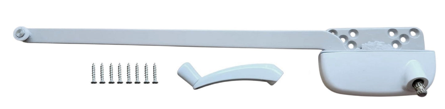 WindowParts PRO Ellura 13.5" Left Hand Casement Window Operator – White, Hardened Steel Arm & Gear, Pre-Installed Gasket, Handle & Screws