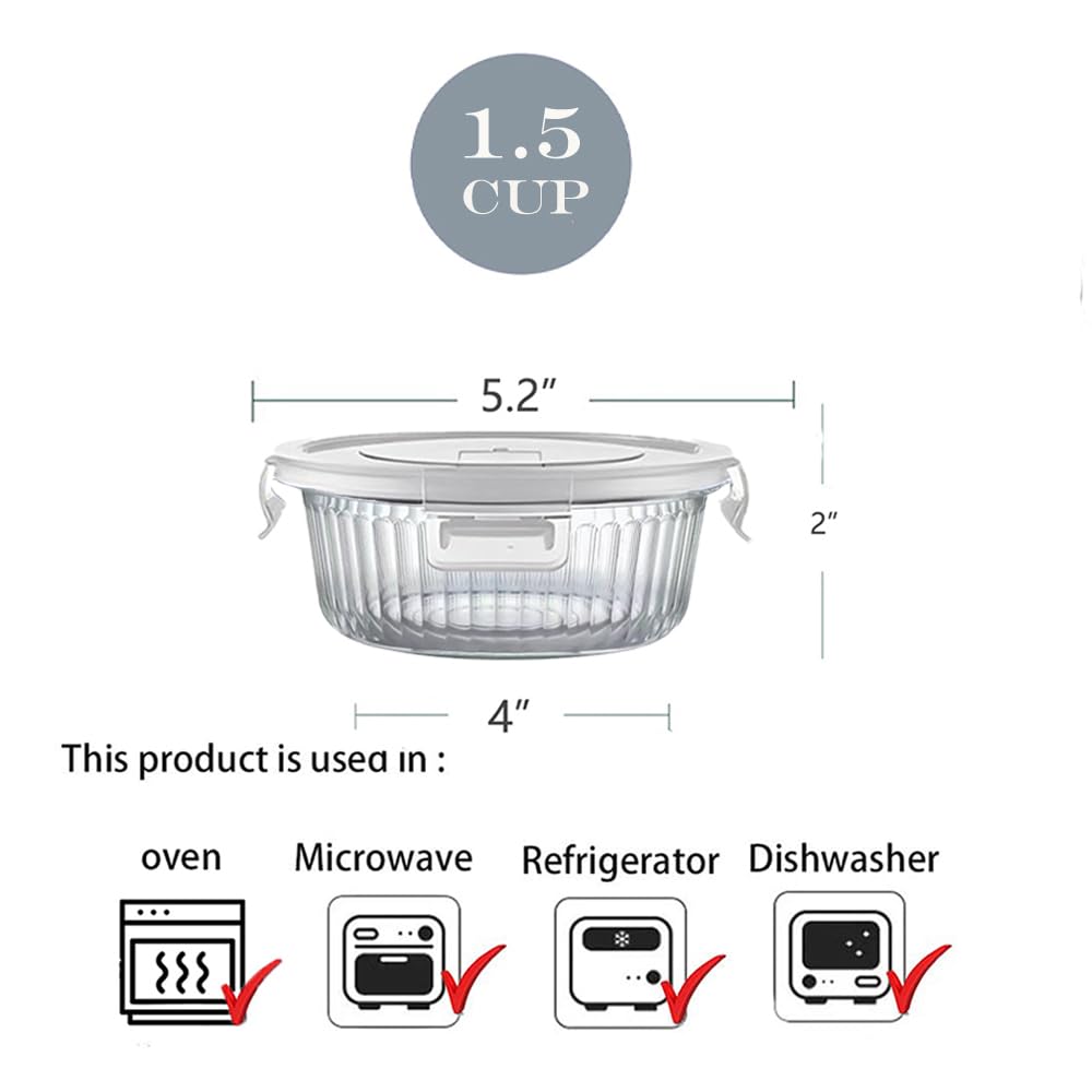 H.JSS WDJS 370ml Round Glass Food Storage Containers Airtight Lids, Small Round Glass Containers for Food Storage, Leak-proof, BPA free Meal Prep Bowls, Dishwasher, Microwave, Freezer Safe (4Pack)