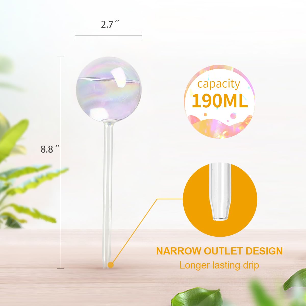 KiKiHeim 6Pcs Plant Watering Bulbs, Iridescent Glass Self Watering Spikes Planter Insert, Hand Blown Automatic Water Globes for Indoor Outdoor Plants