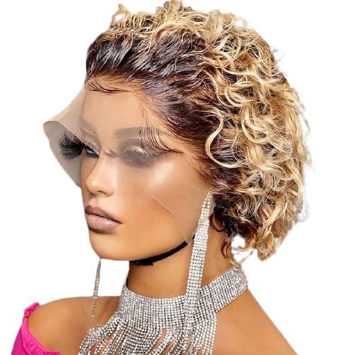 Fereowth Ombre Short Curly Lace Front Wigs Human Hair Wig for Women Brown 1B/27 Pixie Cut Wigs Human Hair Short Curly Human Hair Wig Pre Plucked with Baby Hair 150% Density
