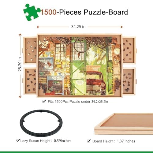 ALL4JIG 1500 Piece Rotating Puzzle Board with Drawers and Cover,25"x34"Portable Wooden Jigsaw Puzzle Table for Adults Portable,Lazy Susan Spinning Puzzle Boards Birthday Gift for mom