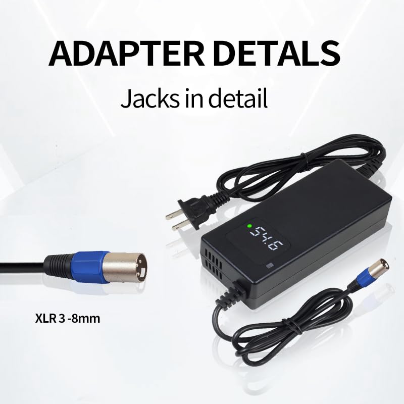 54.6V 2A Battery Charger for 48v Li-ion Battery Pack, 3-Pin Male XLR Connector, Equipped with HD Display to Show The Current Voltage, Multiple Security Protection and Smart Shut-Off Charging