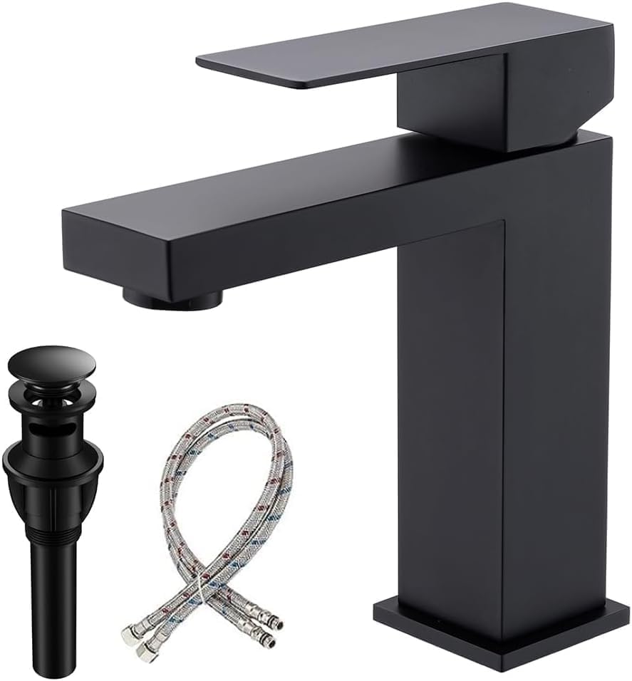 Matte Black Bathroom Faucet, Single Handle Bathroom Sink Faucet, Stainless Steel Bathroom Faucet with Pop Up Drain, 1 Hole Bathroom Faucet for RV Camper Farmhouse Lavatory Bar Vanity Sink, BF011B