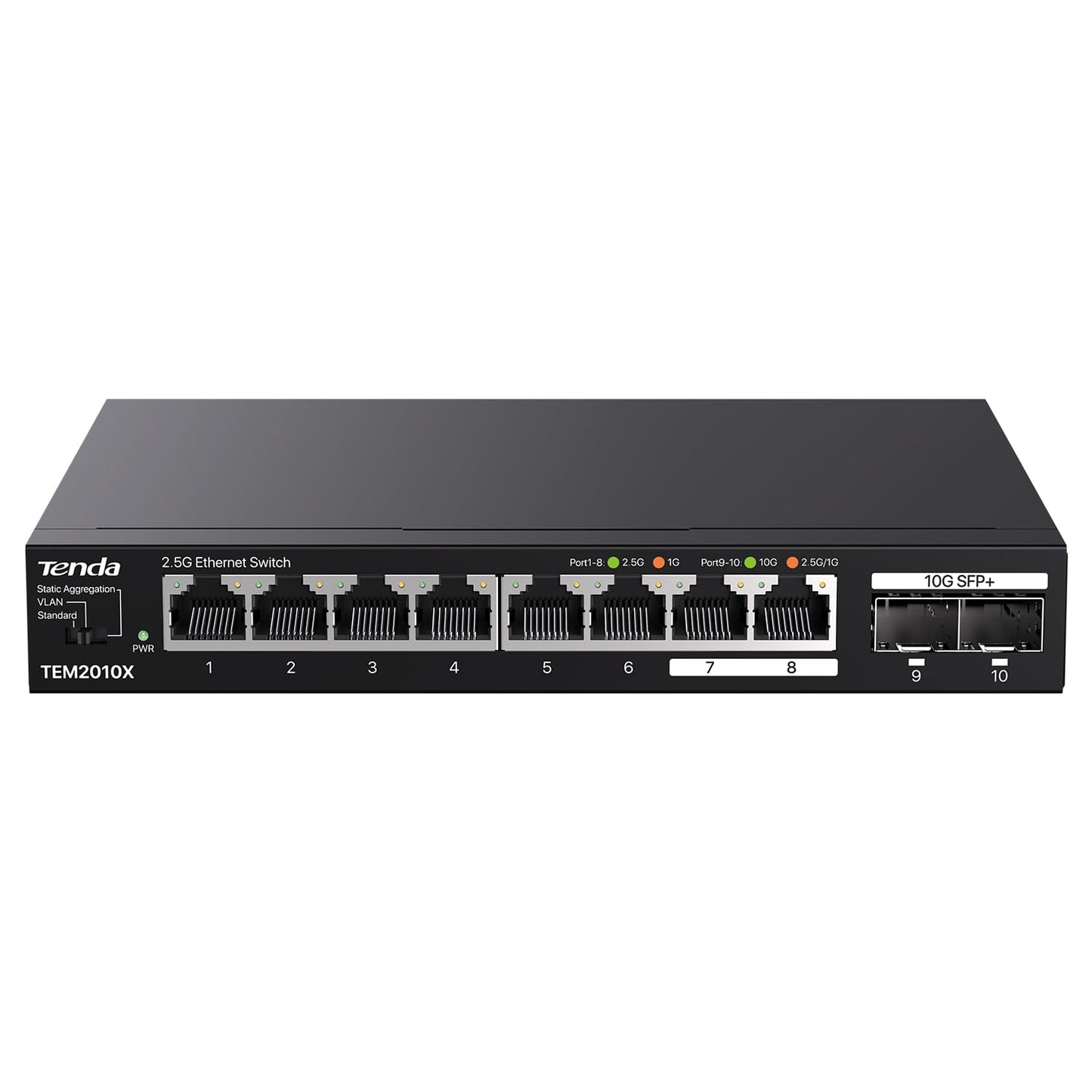 Tenda TEM2010X, 8 Port 2.5G Ethernet Switch Support VLAN & Static Link Aggregation, Unmanaged 2.5Gb Switch with 8 x 2.5G Ports & 2 x 10Gb SFP Slots, 80Gbps Switching Capacity, Fanless Metal Design
