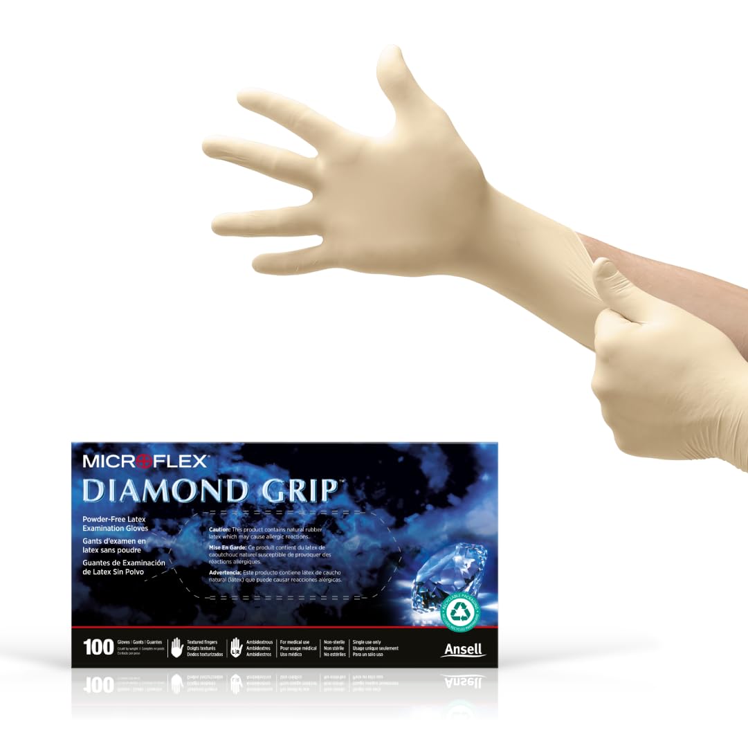 Microflex Diamond Grip Latex Glove, Powder Free, 9.6" Length, 6.3 mils Thick, Large (Pack of 100)