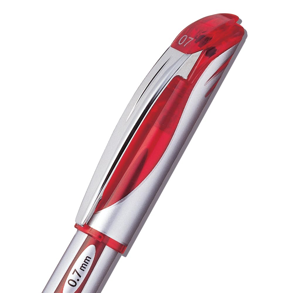 Pentel EnerGel Liquid Gel Rollerball Pen with Cap to Protect Pockets, Everyday Writing, Office Supplies, School Supplies, 0.7mm Medium Point, Silver Barrel, Red Ink, BL57-B, Box of 12