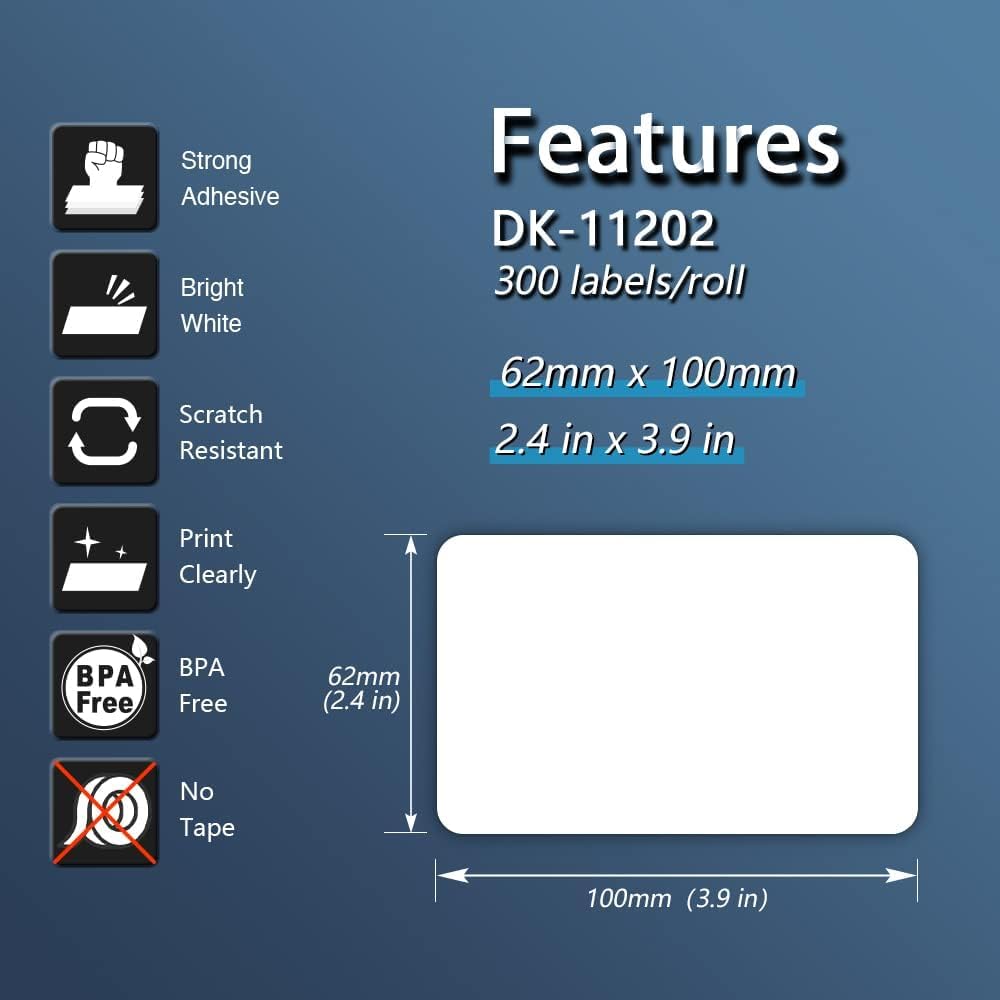 BETCKEY - Compatible Shipping Labels Replacement for Brother DK-1202 (2.4" x 3.9"), Use with Brother QL Label Printers [6 Rolls + 1 Reusable Cartridge]