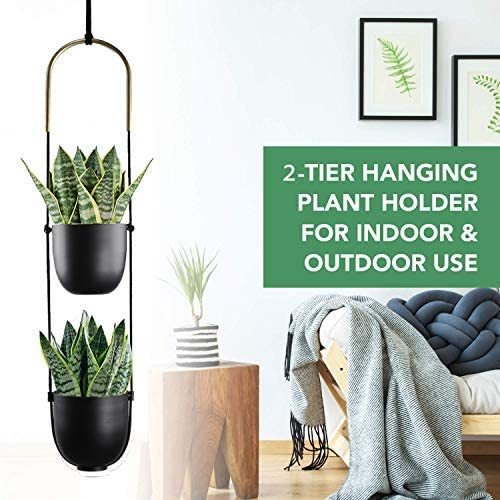 ABETREE Modern Metal Hanging Planter for Indoor Outdoor Plants with Hook 2 Tier Boho Wall and Ceiling Flower Pots Baskets Holder Home Office Decor(Black)