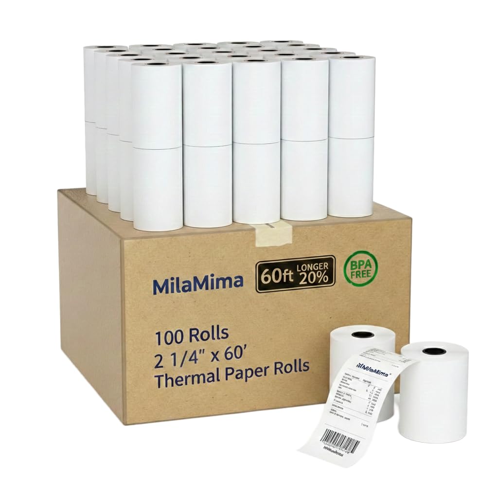 MilaMima 100 Rolls 2 1/4" x 60' Thermal Paper Rolls Fits All Credit Card Debit Machine Verifone Ingenico Square Clover Moneris TD Elavon Diameter 40mm Core 17mm 2.25 x 60 ft POS Cash Register Receipt