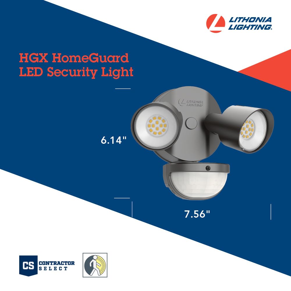 Lithonia Lighting HomeGuard 2-Light LED Outdoor Flood Lights, Motion Sensor Outdoor Lights with Dusk to Dawn, 4000K Cool White, Round Heads, Dark Bronze (HGX LED 2RH 40K 120 MO DDB M2)