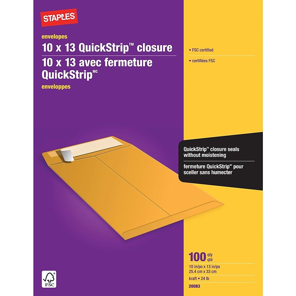 Staples Kraft Catalogue Envelopes with QuickStrip Closure - 10" x 13" - Brown - 100 Pack