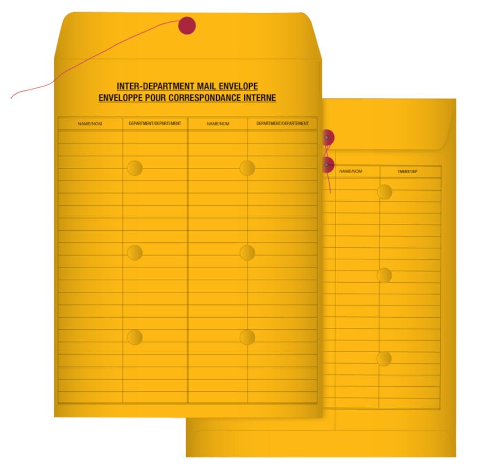 Quality Park Envelopes, 10 x 13 Inch Interoffice Envelopes with String & Button Closure, Brown Kraft, Bilingual, 100 Count - Ideal for Canadian Offices