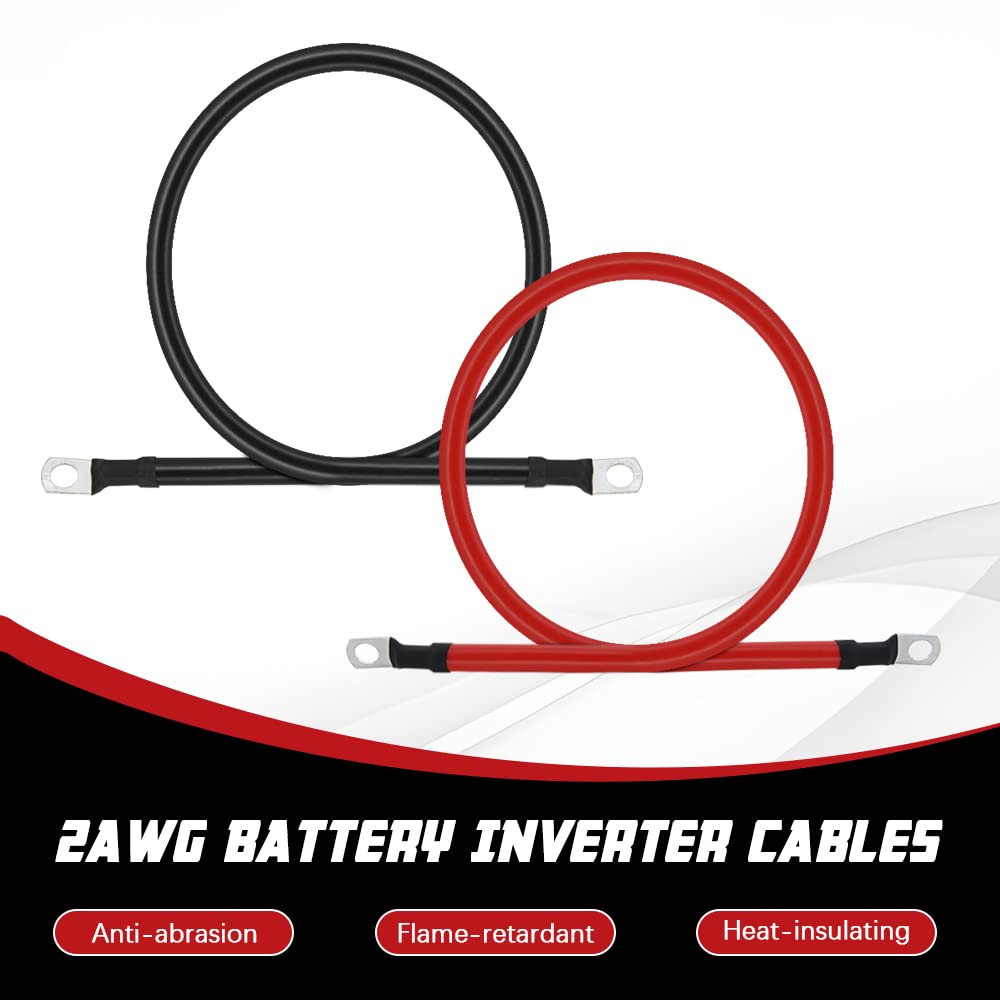 2 AWG Battery Cable 2FT 2 Gauge Pure Copper Battery Cables with 5/16 in Lugs Both Ends Power Wire Set for Automotive Solar Power Marine Boat RV Car Motorcycle (2FT)