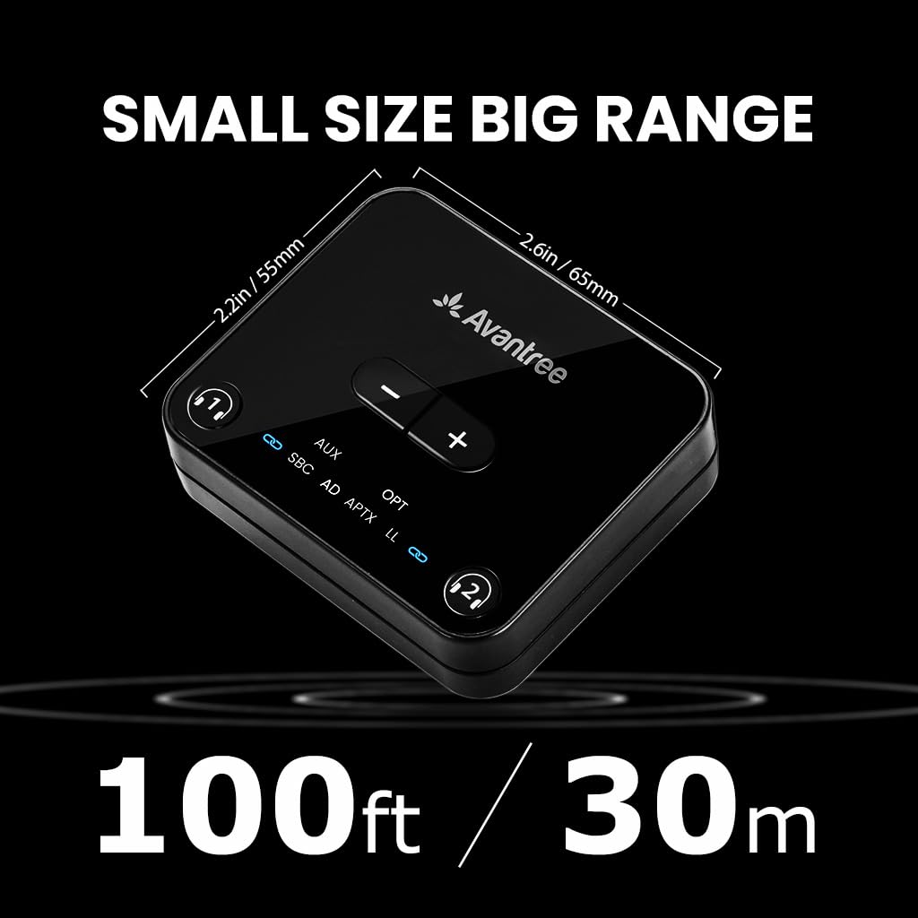 Avantree Audikast 3 - Bluetooth 5.3 Transmitter for TV with Optical or AUX Audio Output Port, aptX-Adaptive, Dual Link for 2 Headphones, and 100ft Long Range
