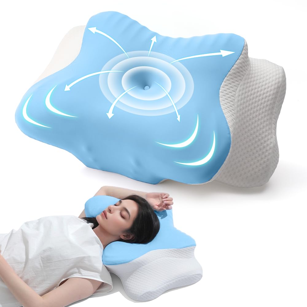 Cervical Neck Pillow for Sleeping,Memory Foam Pillows & Cooling Ice Soft Silk Washable Cover,Ergonomic Orthopedic Pillow for Side Back Stomach Sleepers,Neck and Shoulder Pain Relief (Blue)