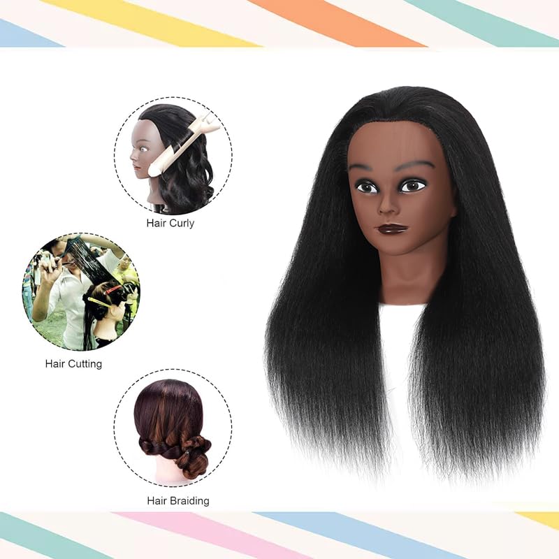 100% Real Hair Mannequin Head Training Head Manikin Cosmetology Doll Head for Hairdresser Practice Braiding Hair Styling with Clamp stand (14 inch, black)