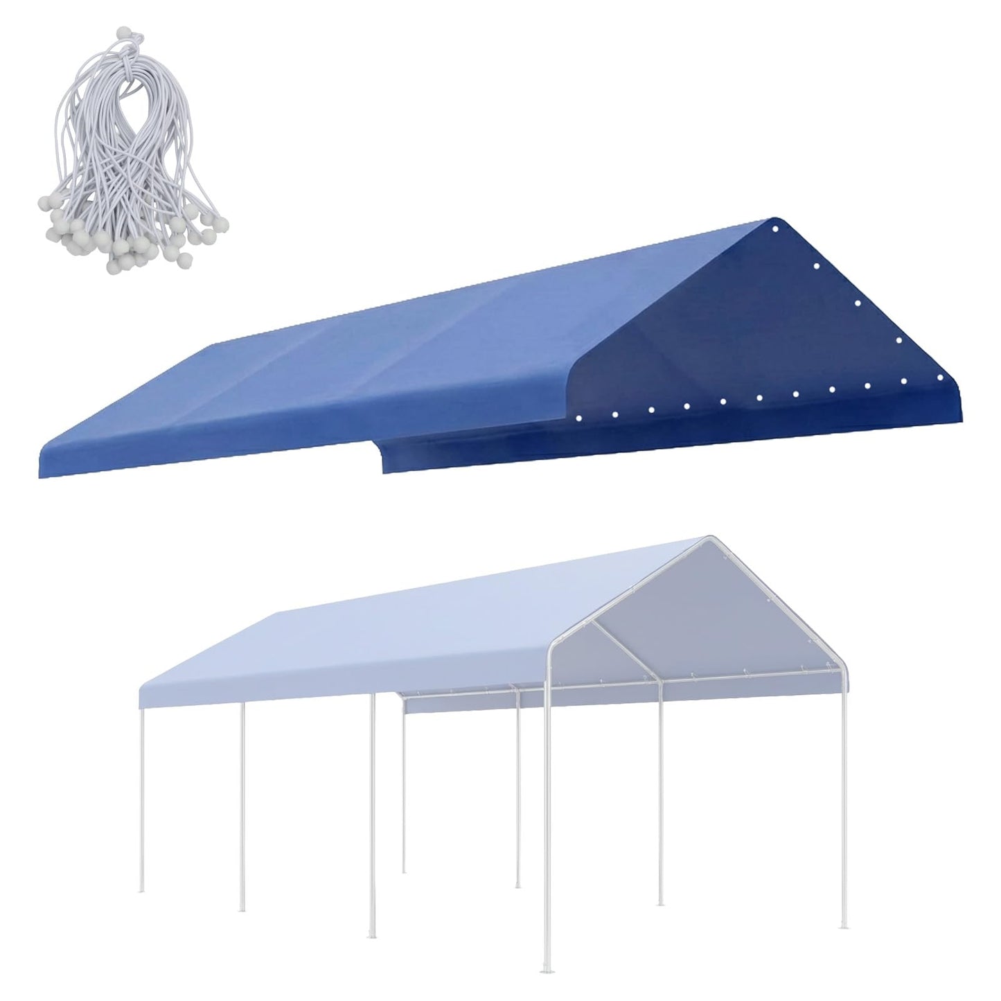 COWVIE 3 x 6m Carport Canopy Replacement Cover, with 46Pcs Long Ball Bungees, Waterproof Garage Top Tent Shelter Tarp, Only Top Cover