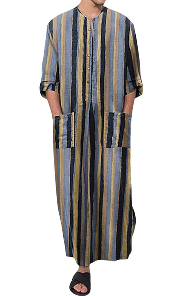 Hotmiss Men's Striped Robe Button Up Long Sleeve Kaftan Thobe Splits Long Gown Casual Shirt, Black, Large