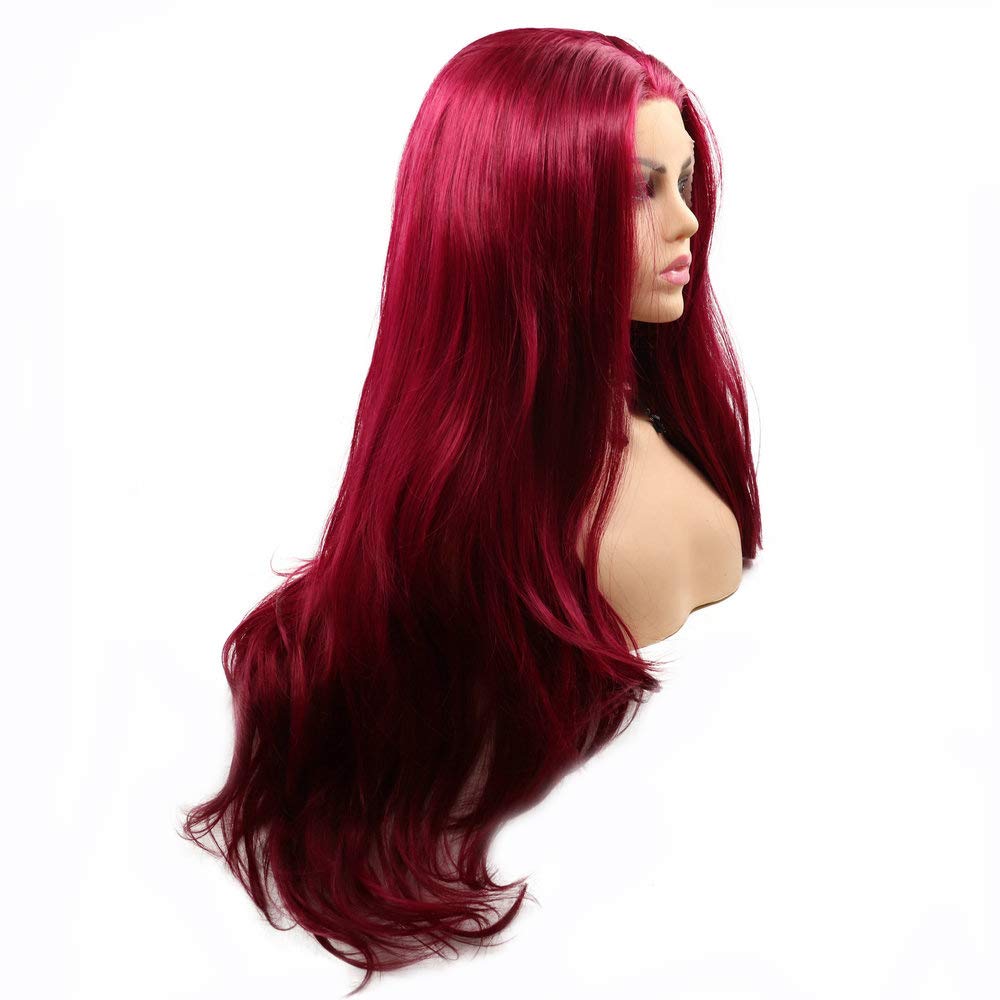 SERENEWIG Female Dark Red Synthetic Lace Front Wigs for Women Cosplay Party Replacement Drag Queen Mermaid Red Real Natural Color Long Wavy Hair Synthetic Full Glueless Wig 24"