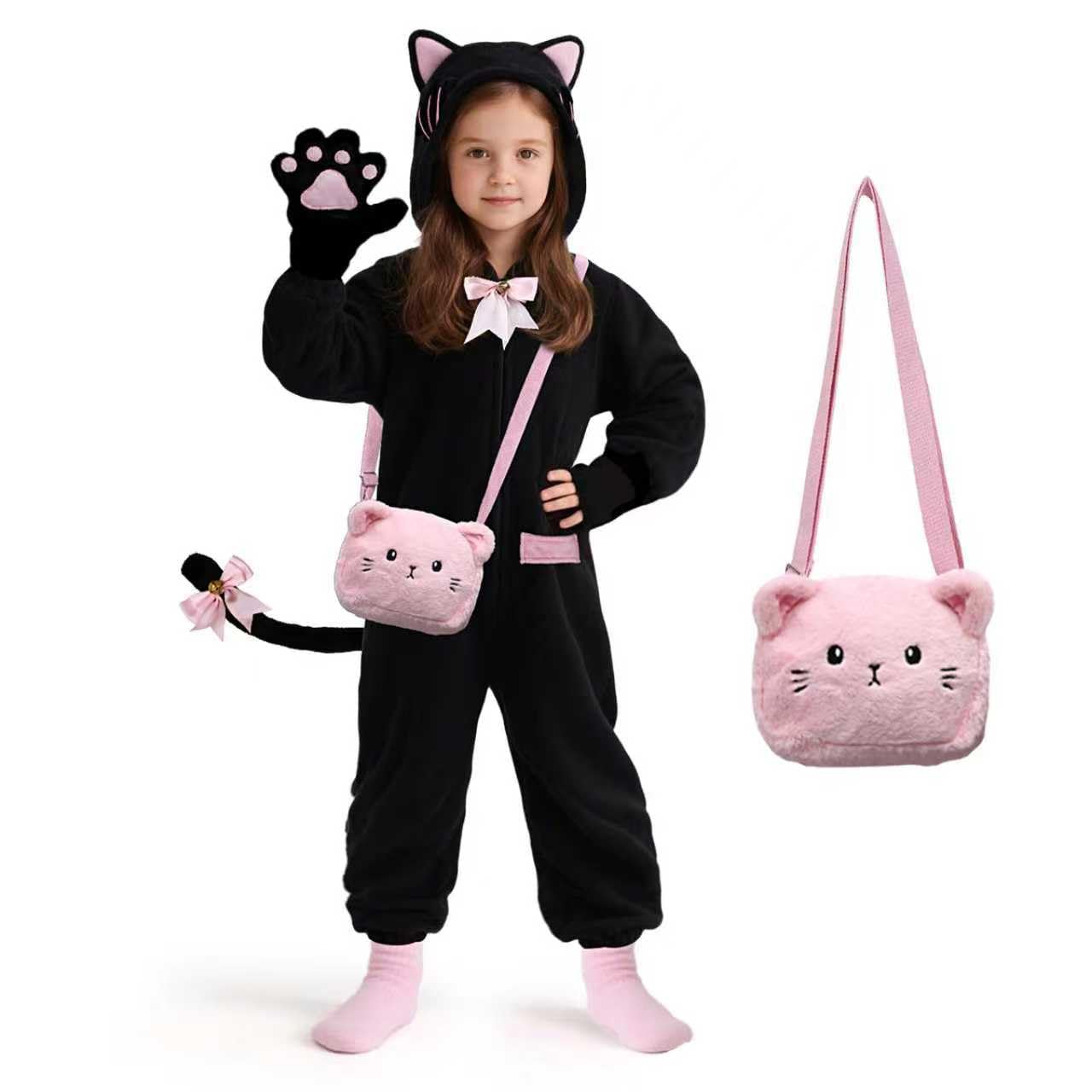 ANPHILE Kids Cat Costumes for Girls, Black Cat Costume for Girl with Cute Kitty Purse Bag, Halloween Costumes for Girls Kids