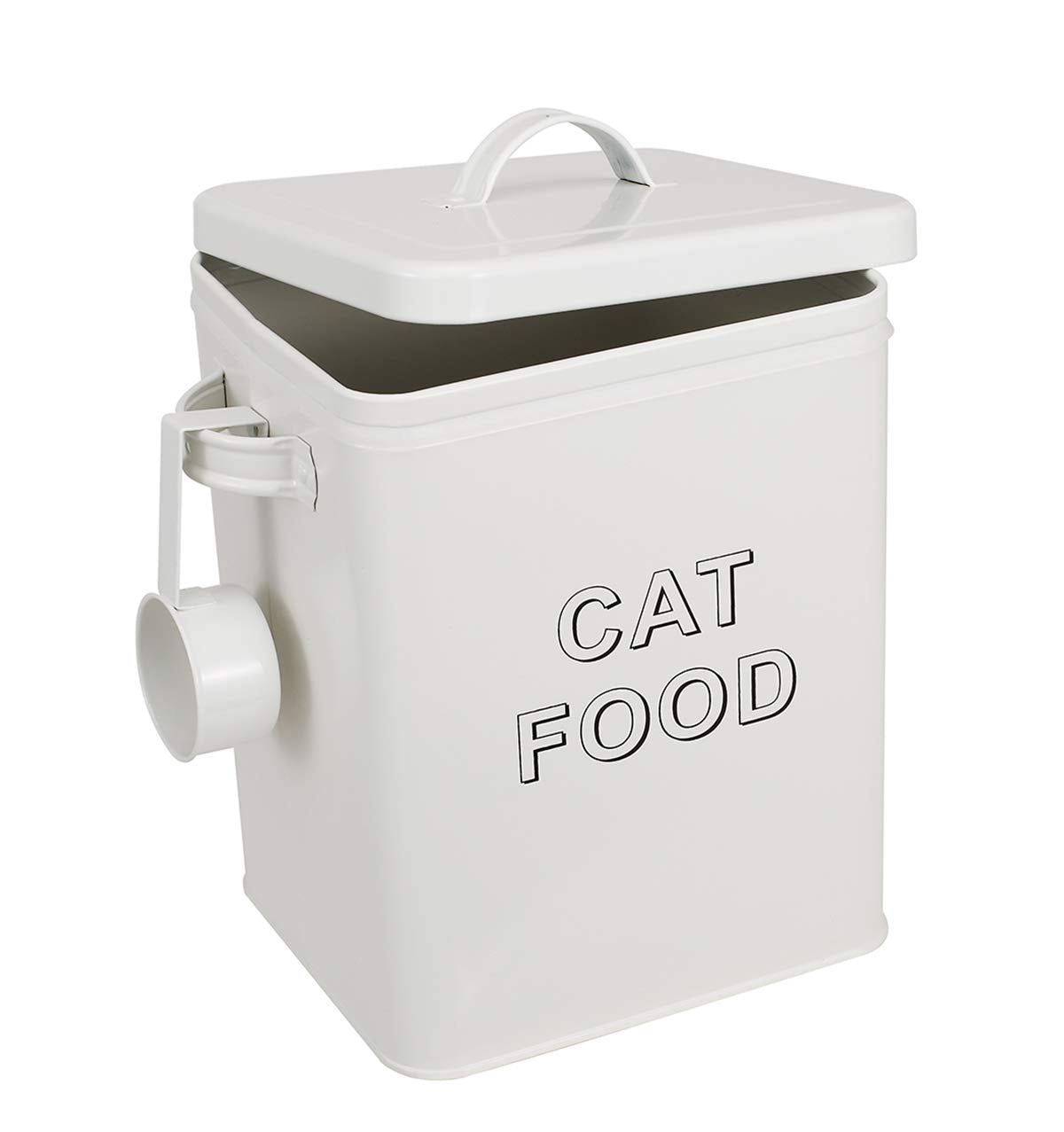 Pethiy Cat Food and Treats Containers Set with Scoop for Cats or Dogs -Tight Fitting Wood Lids - Coated Carbon Steel - Storage Canister Tins-Cat-White