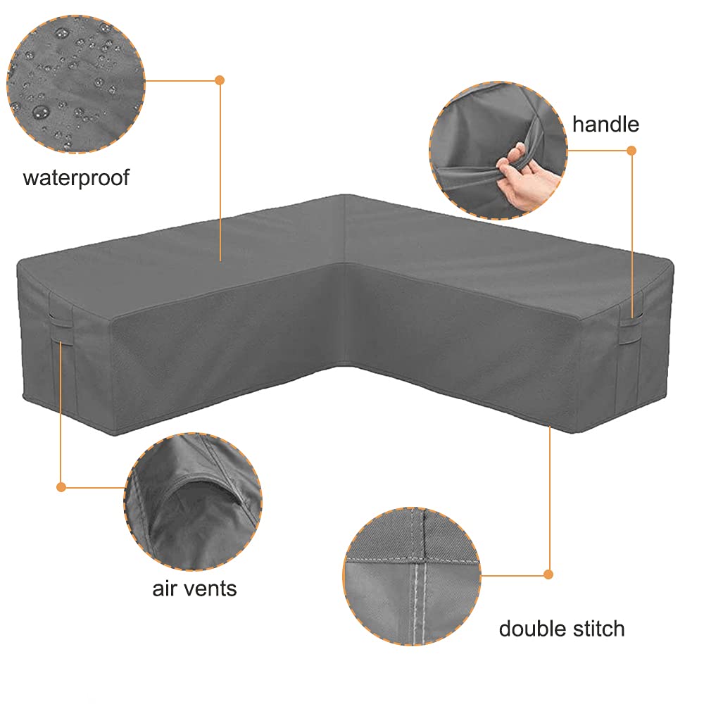 BOSKING Patio Sofa Cover V-Shaped Sectional Furniture Cover Heavy Duty Outdoor Furniture Set Covers Waterproof Lawn Garden Couch Protector with Buckle Strap & Side Handle - Grey (V Shape 84x84 inch)