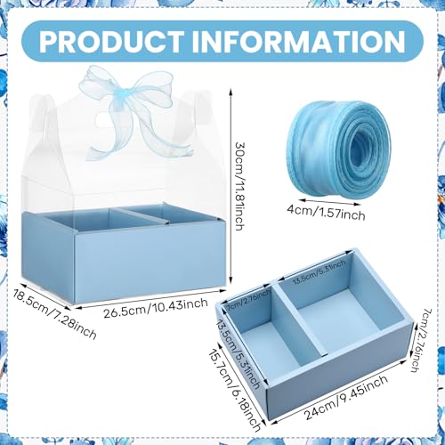 Honeydak 10 Kit 4 Inch Cake and Flower Clear Boxes, Portable Clear Gift Box for Cake and Flower Pack Together, Transparent Gift Packaging with Ribbon, Suitable Wedding Holiday Party Favors(Blue)