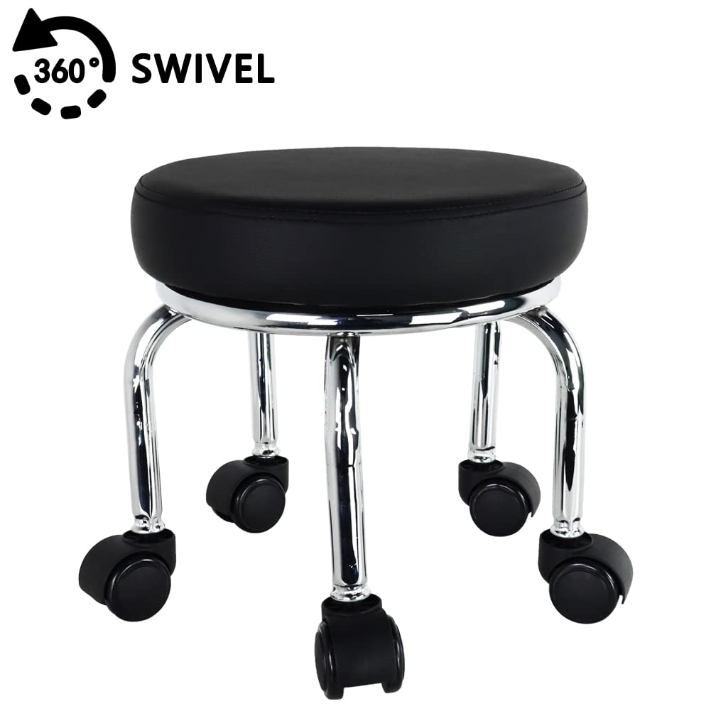 WKWKER Small Roller Stool PU Leather Wheeled Seat 360° Rotating Low Round Stool with Universal Wheels for Home Massage Garden Office Garage Shop Fitness Sports, H:31.5cm (Black)